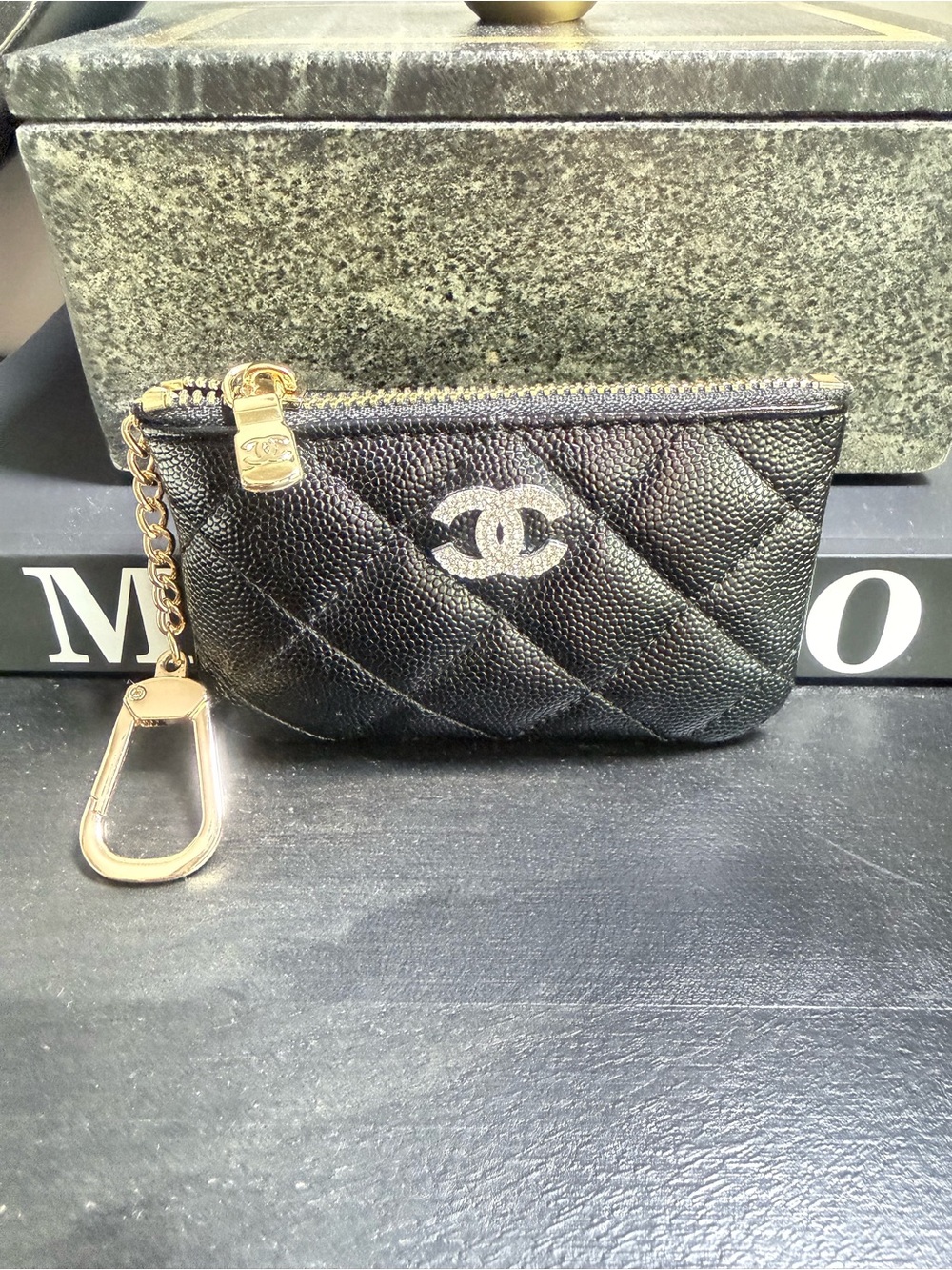 Quilted PU Leather Key Pouch in Black with Gold Hardware